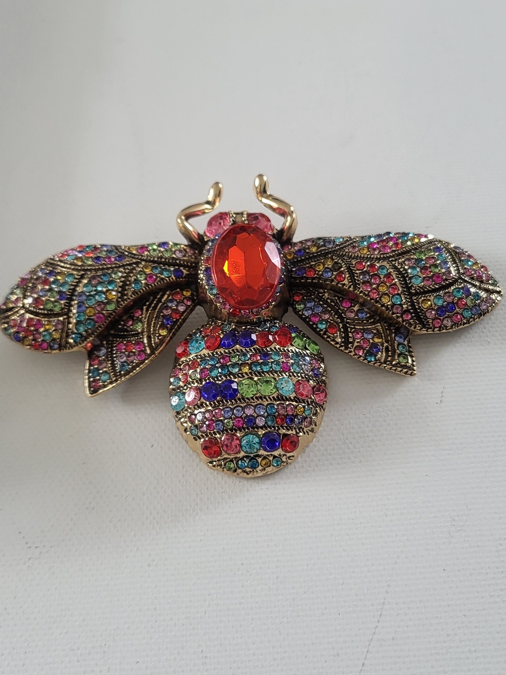 Beautiful Jumbo Multicolor Rhinestones  Bee Brooch - Gold Tone